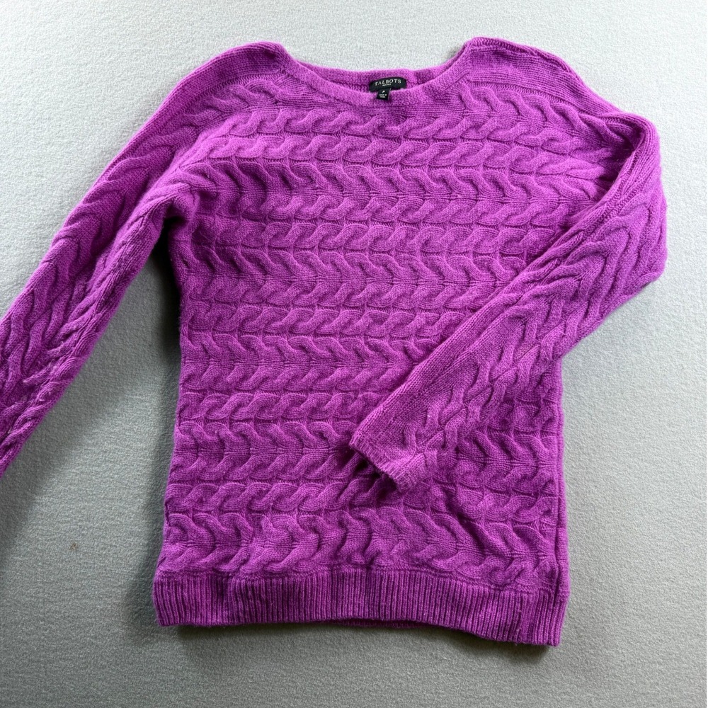 Talbots Sweater Womens Small Petite Purple Merino Wool Cashmere Blend Cable Knit